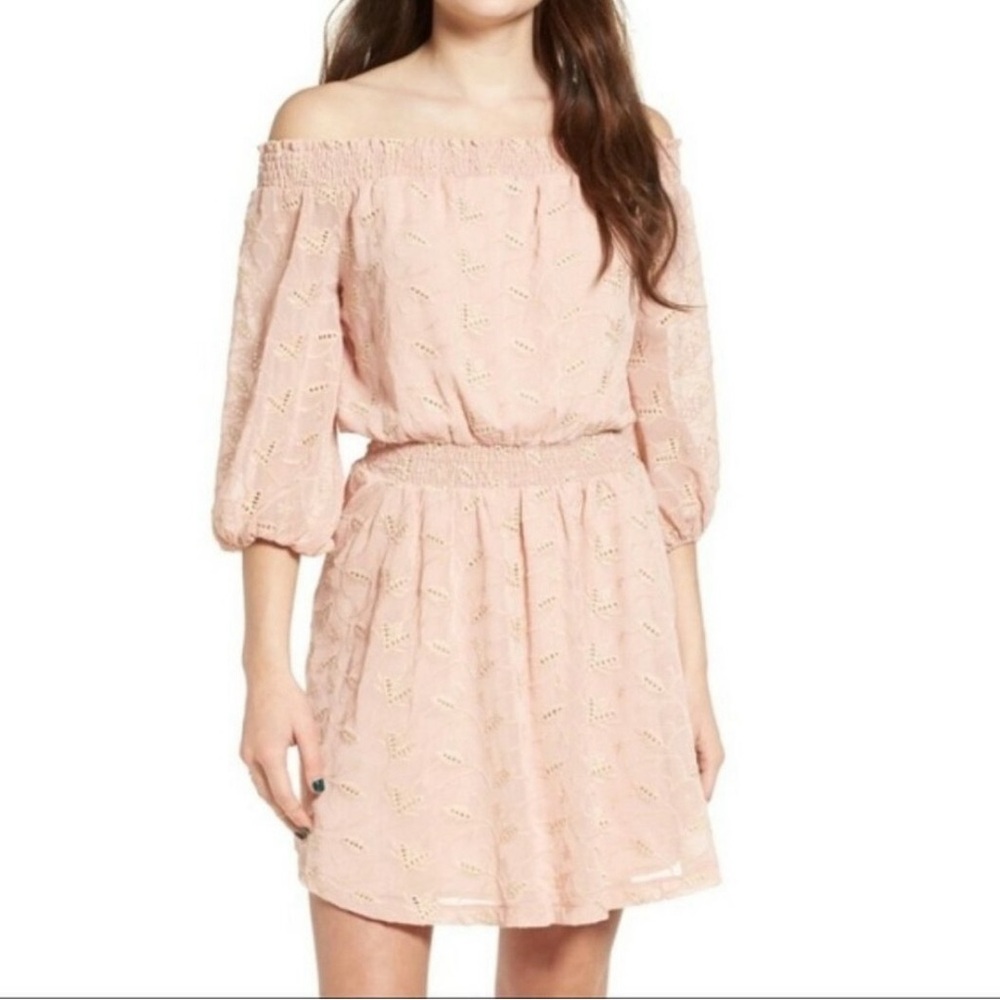 ASTR The Label Embroidered Off the Shoulder Mini Dress